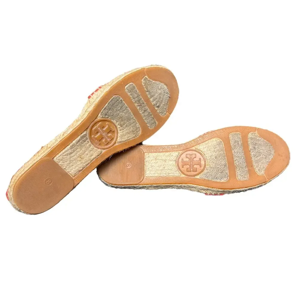 Tory Burch Striped Strappy Espadrille Flats Orange White Canvas Logo Size 8